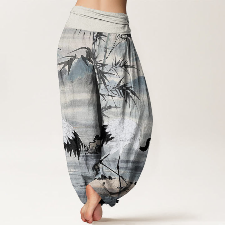 Buddha Stones Casual Red-Crowned Crane Bamboo Leaves Mountain Pattern Women's Elastic Waist Harem Pants - image 2