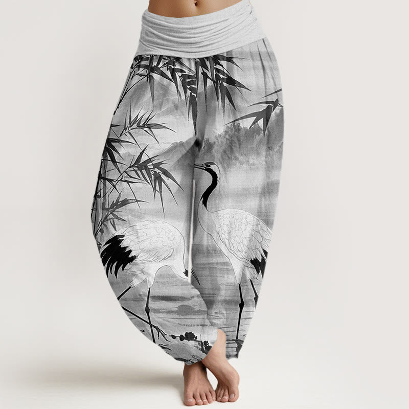 Buddha Stones Casual Red-Crowned Crane Bamboo Leaves Mountain Pattern Women's Elastic Waist Harem Pants - Silver - US22，UK/AU26，EU54 (6XL) - image 5