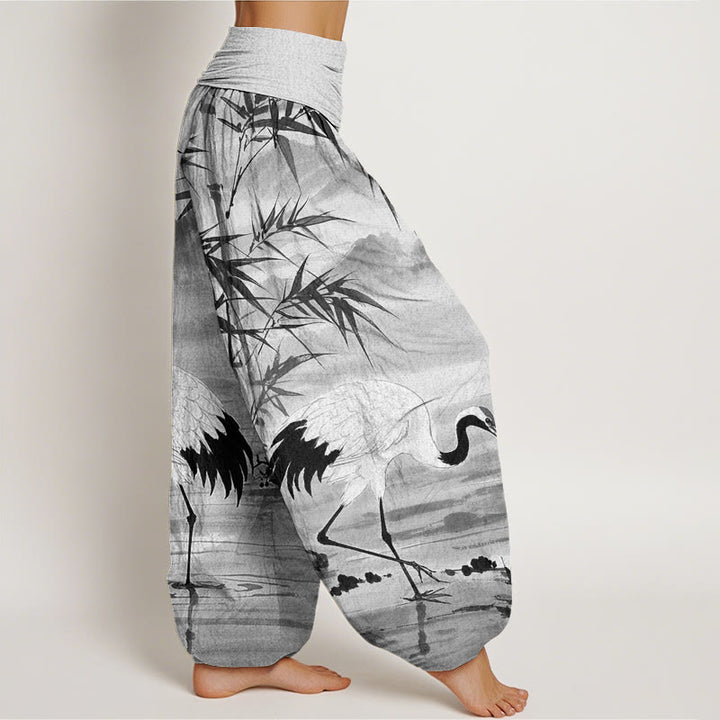 Buddha Stones Casual Red-Crowned Crane Bamboo Leaves Mountain Pattern Women's Elastic Waist Harem Pants - image 7