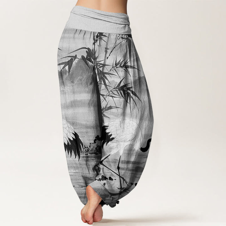 Buddha Stones Casual Red-Crowned Crane Bamboo Leaves Mountain Pattern Women's Elastic Waist Harem Pants - image 6