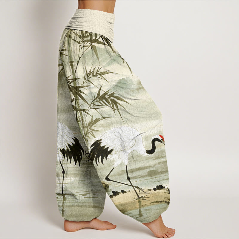 Buddha Stones Casual Red-Crowned Crane Bamboo Leaves Mountain Pattern Women's Elastic Waist Harem Pants - image 10