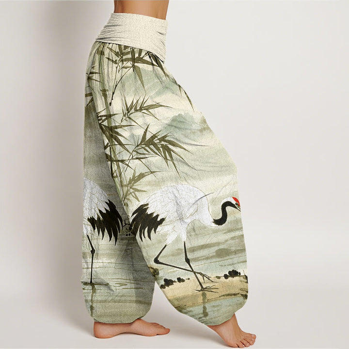 Buddha Stones Casual Red-Crowned Crane Bamboo Leaves Mountain Pattern Women's Elastic Waist Harem Pants - image 10