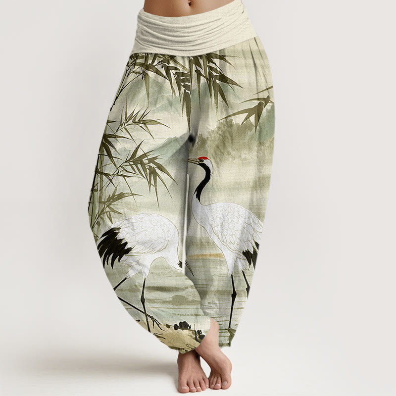 Buddha Stones Casual Red-Crowned Crane Bamboo Leaves Mountain Pattern Women's Elastic Waist Harem Pants - PaleGreen - US22，UK/AU26，EU54 (6XL) - image 8