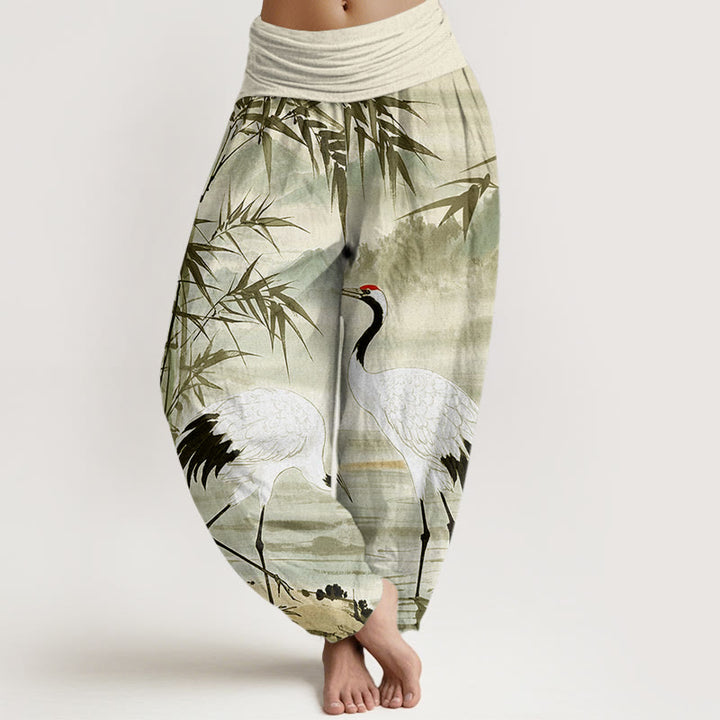 Buddha Stones Casual Red-Crowned Crane Bamboo Leaves Mountain Pattern Women's Elastic Waist Harem Pants - PaleGreen - US22，UK/AU26，EU54 (6XL) - image 8