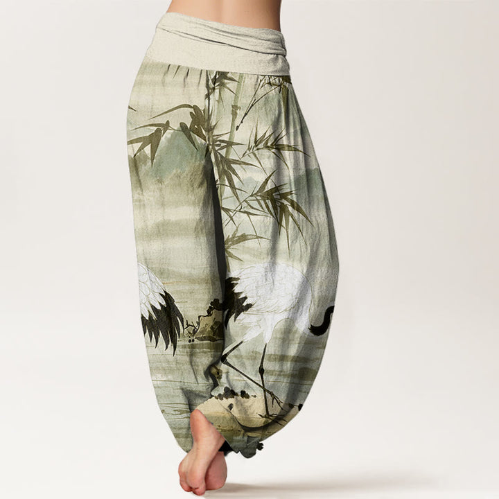 Buddha Stones Casual Red-Crowned Crane Bamboo Leaves Mountain Pattern Women's Elastic Waist Harem Pants - image 9