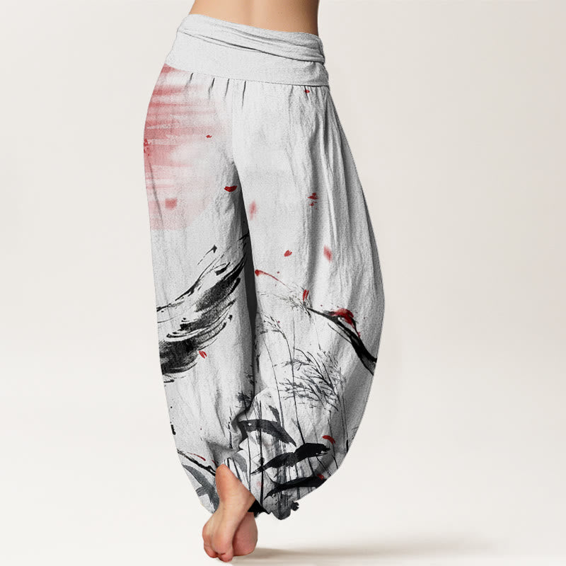 Buddha Stones Casual Red-crowned Reed Sun Crane Pattern Women's Elastic Waist Harem Pants - image 2
