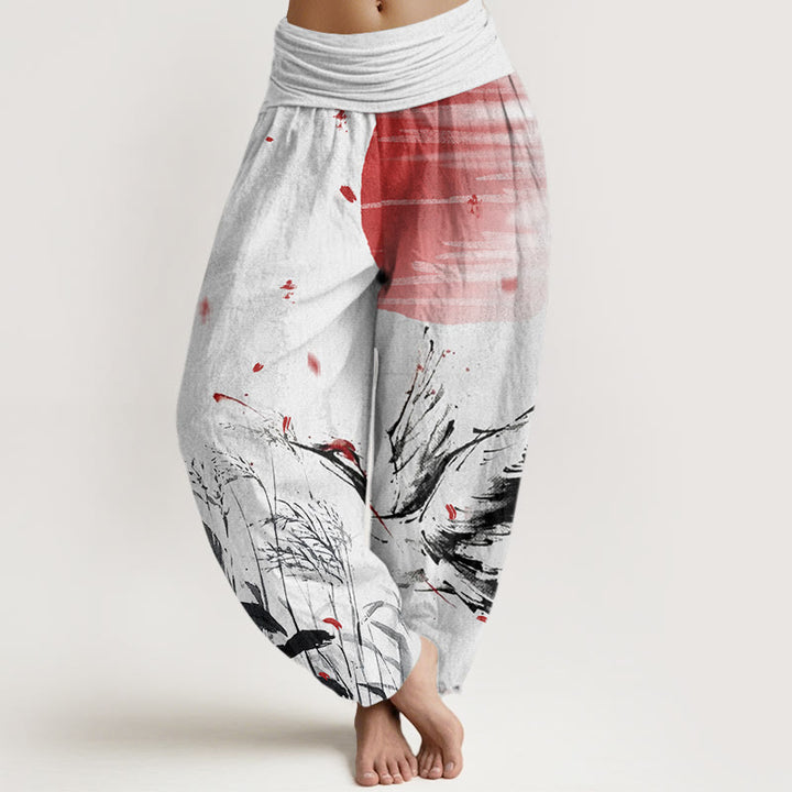 Buddha Stones Cotton Casual Red-crowned Reed Sun Crane Pattern Women's Elastic Waist Harem Pants - GhostWhite - US22，UK/AU26，EU54 (6XL) - image 0