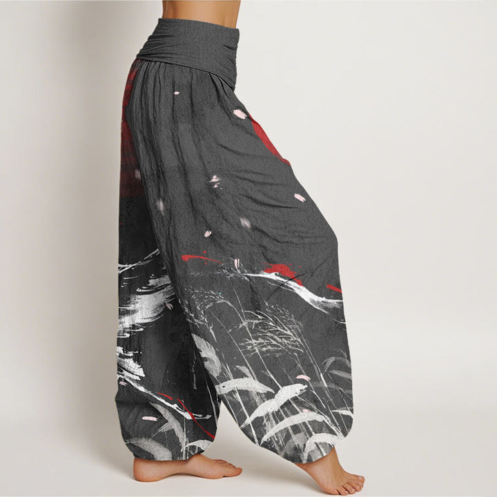 Buddha Stones Casual Red-crowned Reed Sun Crane Pattern Women's Elastic Waist Harem Pants - image 7