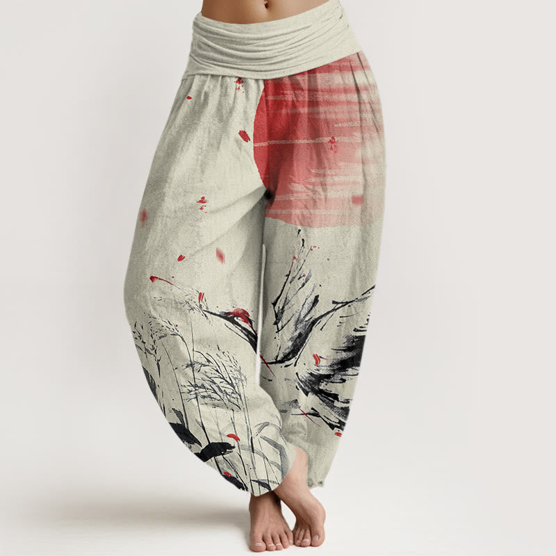 Buddha Stones Casual Red-crowned Reed Sun Crane Pattern Women's Elastic Waist Harem Pants - PaleGoldenrod - US22，UK/AU26，EU54 (6XL) - image 8