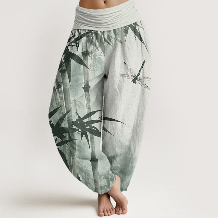 Buddha Stones Casual Bamboo Leaves Dragonfly Pattern Women's Elastic Waist Harem Pants - LightGreen - US22，UK/AU26，EU54 (6XL) - image 1