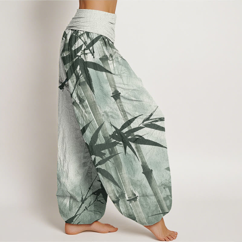 Buddha Stones Cotton Casual Bamboo Leaves Dragonfly Pattern Women's Elastic Waist Harem Pants - image 2