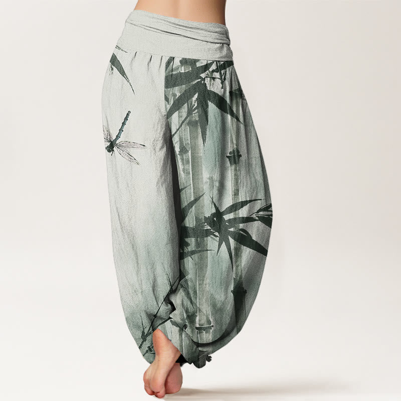 Buddha Stones Casual Bamboo Leaves Dragonfly Pattern Women's Elastic Waist Harem Pants - image 2