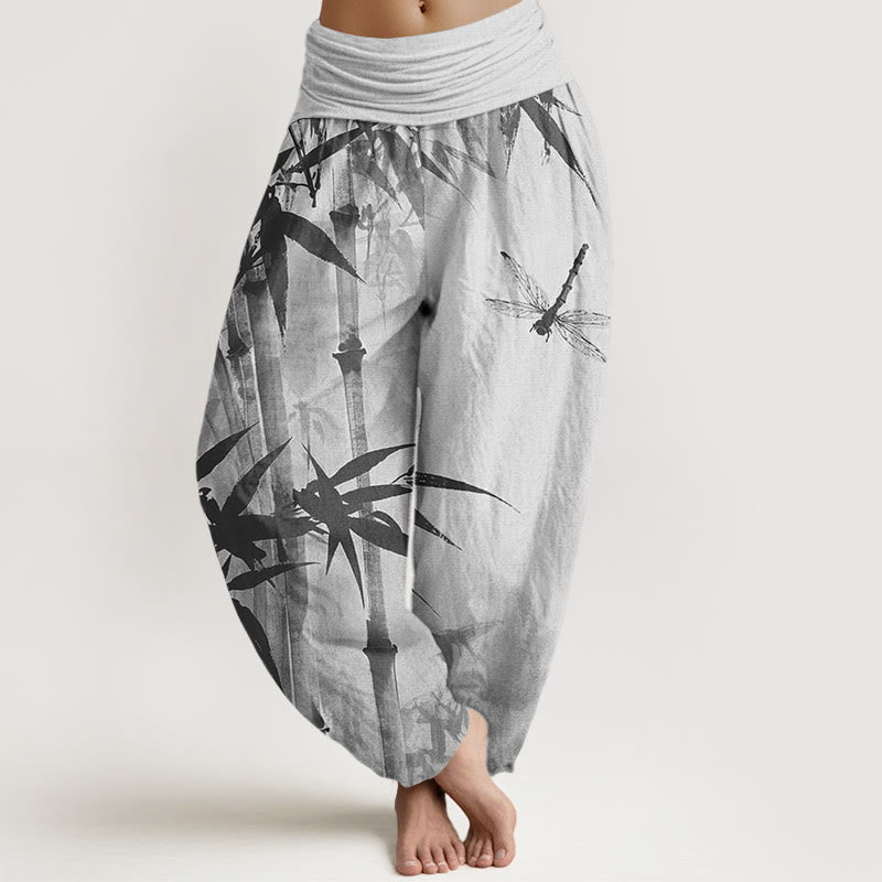 Buddha Stones Cotton Casual Bamboo Leaves Dragonfly Pattern Women's Elastic Waist Harem Pants - Silver - US22，UK/AU26，EU54 (6XL) - image 4