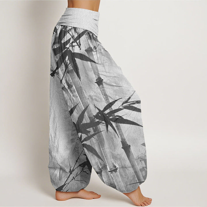 Buddha Stones Cotton Casual Bamboo Leaves Dragonfly Pattern Women's Elastic Waist Harem Pants - image 6