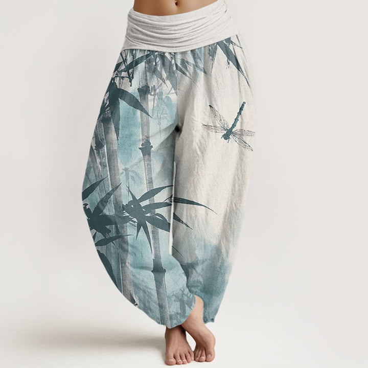 Buddha Stones Casual Bamboo Leaves Dragonfly Pattern Women's Elastic Waist Harem Pants - Linen - US22，UK/AU26，EU54 (6XL) - image 8