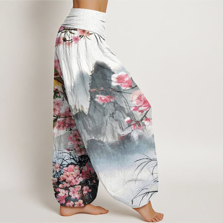 Buddha Stones Bird Cherry Blossom Mountains Pattern Women's Elastic Waist Harem Pants - image 3
