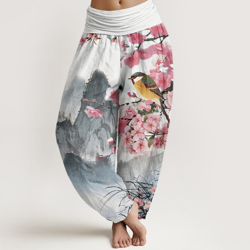 Buddha Stones Cotton Bird Cherry Blossom Mountains Pattern Women's Elastic Waist Harem Pants - Gray - US22，UK/AU26，EU54 (6XL) - image 0