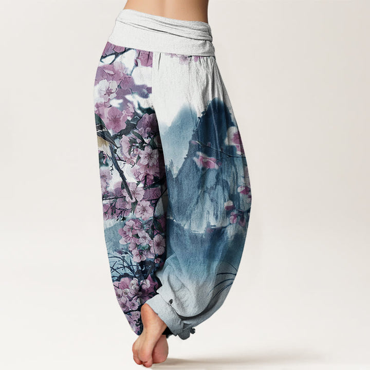 Buddha Stones Cotton Bird Cherry Blossom Mountains Pattern Women's Elastic Waist Harem Pants - image 5