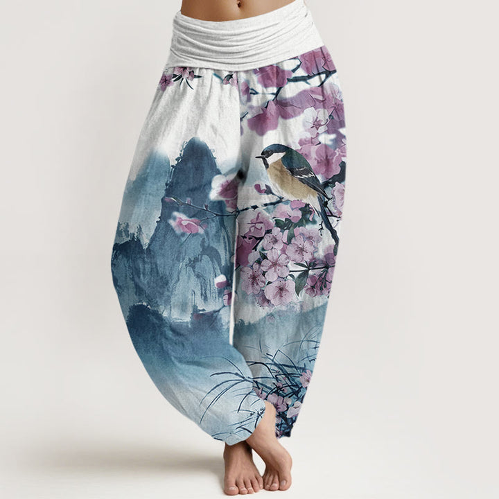 Buddha Stones Bird Cherry Blossom Mountains Pattern Women's Elastic Waist Harem Pants - MediumBlue - US22，UK/AU26，EU54 (6XL) - image 5