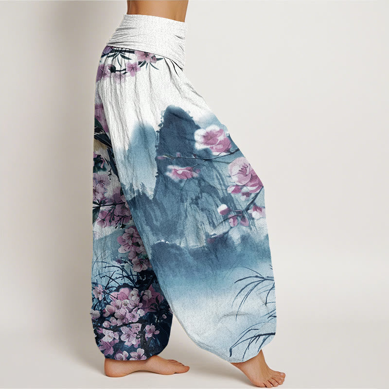 Buddha Stones Cotton Bird Cherry Blossom Mountains Pattern Women's Elastic Waist Harem Pants - image 6