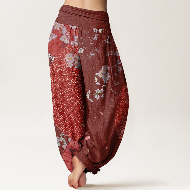 Buddha Stones Casual Red Oil-paper Umbrella Cherry Blossom Pattern Women's Elastic Waist Harem Pants - image 2