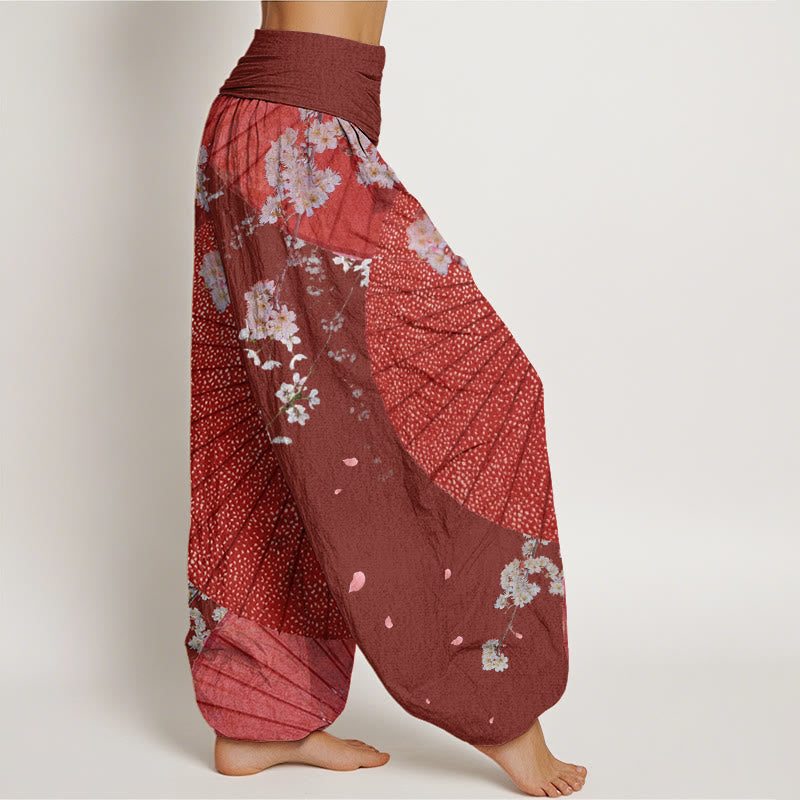 Buddha Stones Cotton Casual Red Oil-paper Umbrella Cherry Blossom Pattern Women's Elastic Waist Harem Pants - image 2