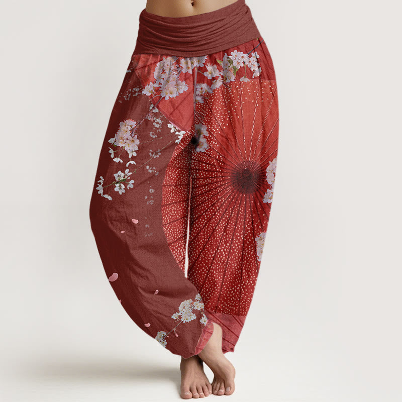 Buddha Stones Cotton Casual Red Oil-paper Umbrella Cherry Blossom Pattern Women's Elastic Waist Harem Pants - Brown - US22，UK/AU26，EU54 (6XL) - image 0