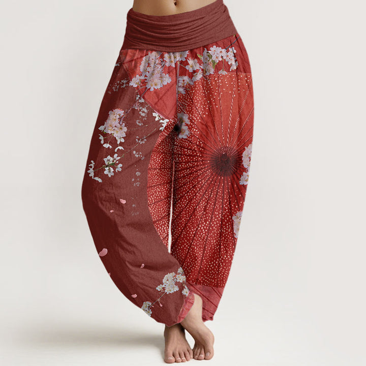 Buddha Stones Cotton Casual Red Oil-paper Umbrella Cherry Blossom Pattern Women's Elastic Waist Harem Pants - Brown - US22，UK/AU26，EU54 (6XL) - image 0