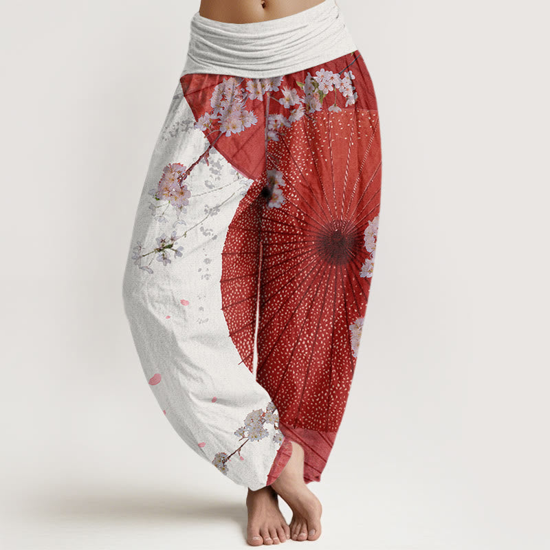Buddha Stones Cotton Casual Red Oil-paper Umbrella Cherry Blossom Pattern Women's Elastic Waist Harem Pants - GhostWhite - US22，UK/AU26，EU54 (6XL) - image 4