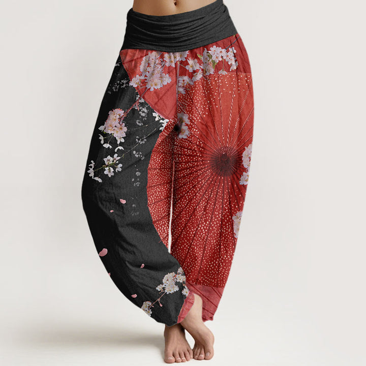 Buddha Stones Cotton Casual Red Oil-paper Umbrella Cherry Blossom Pattern Women's Elastic Waist Harem Pants - Black - US22，UK/AU26，EU54 (6XL) - image 7