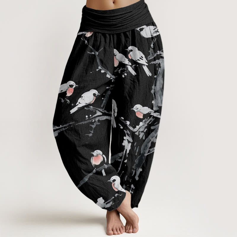 Buddha Stones Casual Bird Branches Pattern Women's Elastic Waist Harem Pants - Black - US22，UK/AU26，EU54 (6XL) - image 1