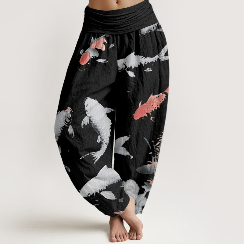 Buddha Stones Casual Koi Fish Pattern Women's Elastic Waist Harem Pants - Black - US22，UK/AU26，EU54 (6XL) - image 8