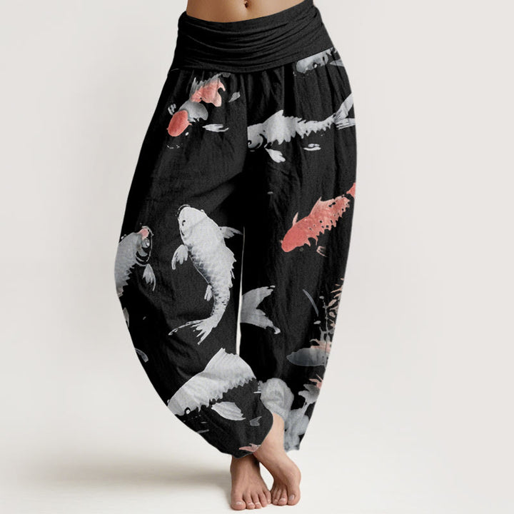 Buddha Stones Casual Koi Fish Pattern Women's Elastic Waist Harem Pants - Black - US22，UK/AU26，EU54 (6XL) - image 8