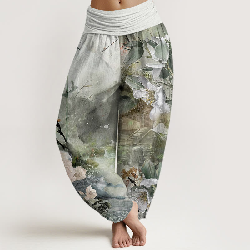 Buddha Stones Bamboo Tree Pavilion Flower Pattern Women's Elastic Waist Harem Pants - MediumSeaGreen - US22，UK/AU26，EU54 (6XL) - image 1