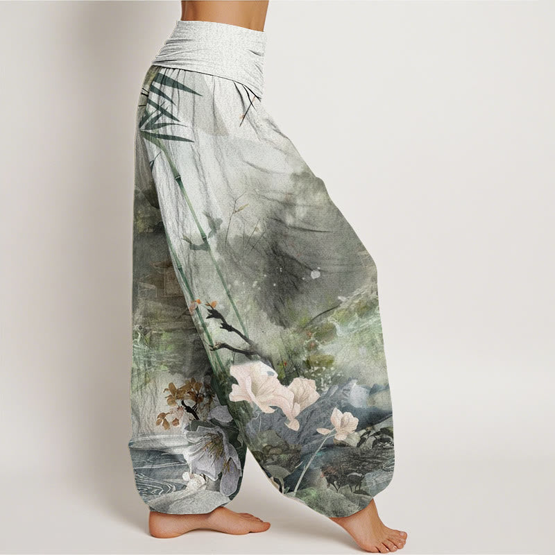 Buddha Stones Bamboo Tree Pavilion Flower Pattern Women's Elastic Waist Harem Pants - image 3