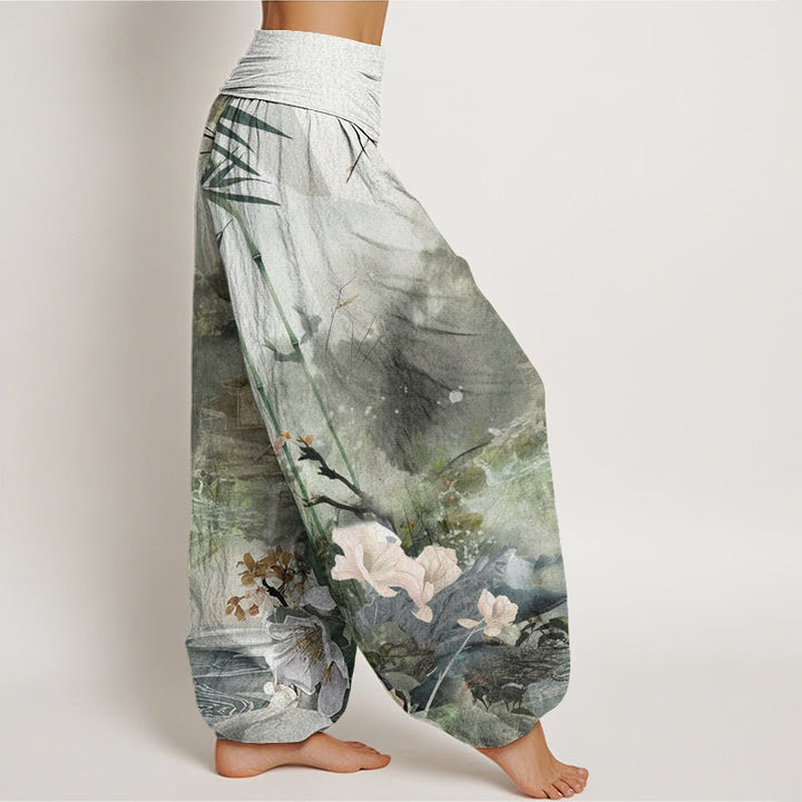 Buddha Stones Bamboo Tree Pavilion Flower Pattern Women's Elastic Waist Harem Pants - image 3