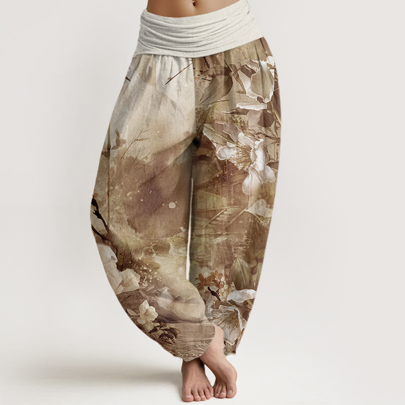 Buddha Stones Bamboo Tree Pavilion Flower Pattern Women's Elastic Waist Harem Pants - DarkGoldenrod - US22，UK/AU26，EU54 (6XL) - image 5