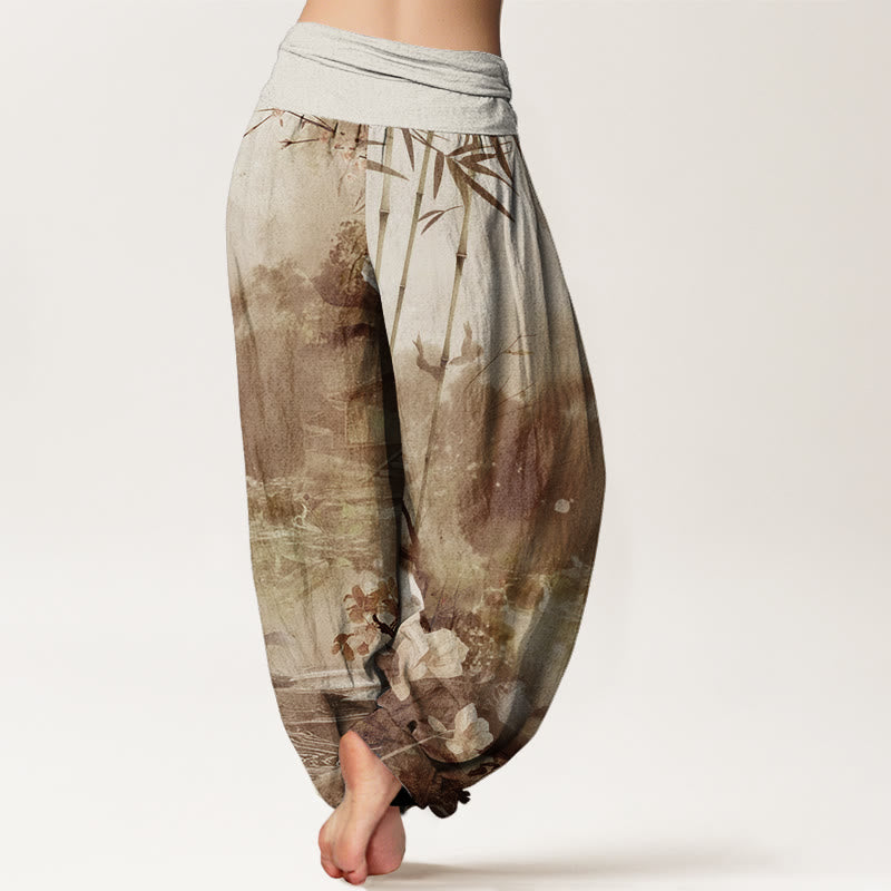 Buddha Stones Bamboo Tree Pavilion Flower Pattern Women's Elastic Waist Harem Pants - image 6