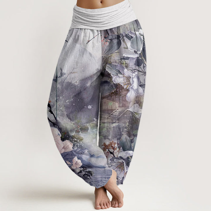 Buddha Stones Bamboo Tree Pavilion Flower Pattern Women's Elastic Waist Harem Pants - DarkSlateBlue - US22，UK/AU26，EU54 (6XL) - image 8