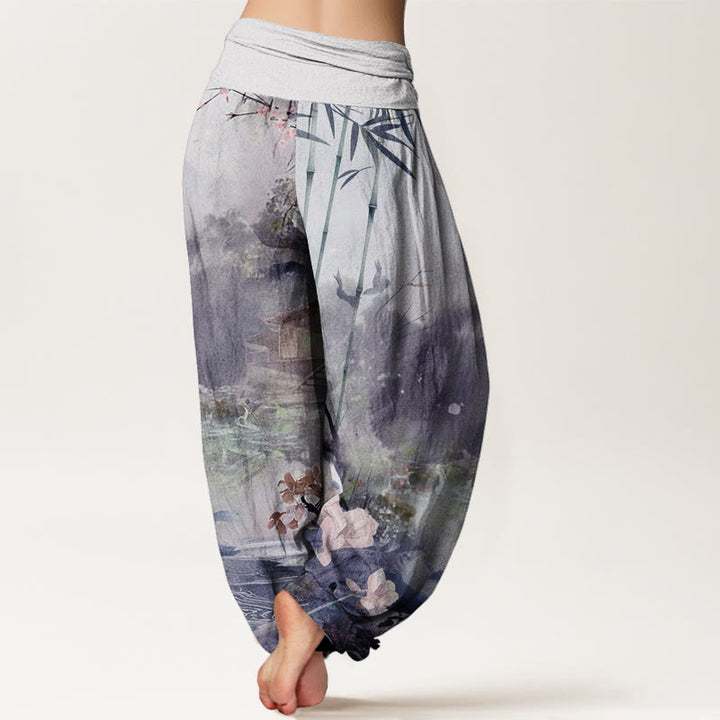 Buddha Stones Bamboo Tree Pavilion Flower Pattern Women's Elastic Waist Harem Pants - image 9