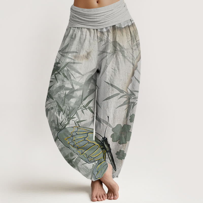 Buddha Stones Butterfly Bamboo Flower Pattern Women's Elastic Waist Harem Pants - LightGrey - US22，UK/AU26，EU54 (6XL) - image 1