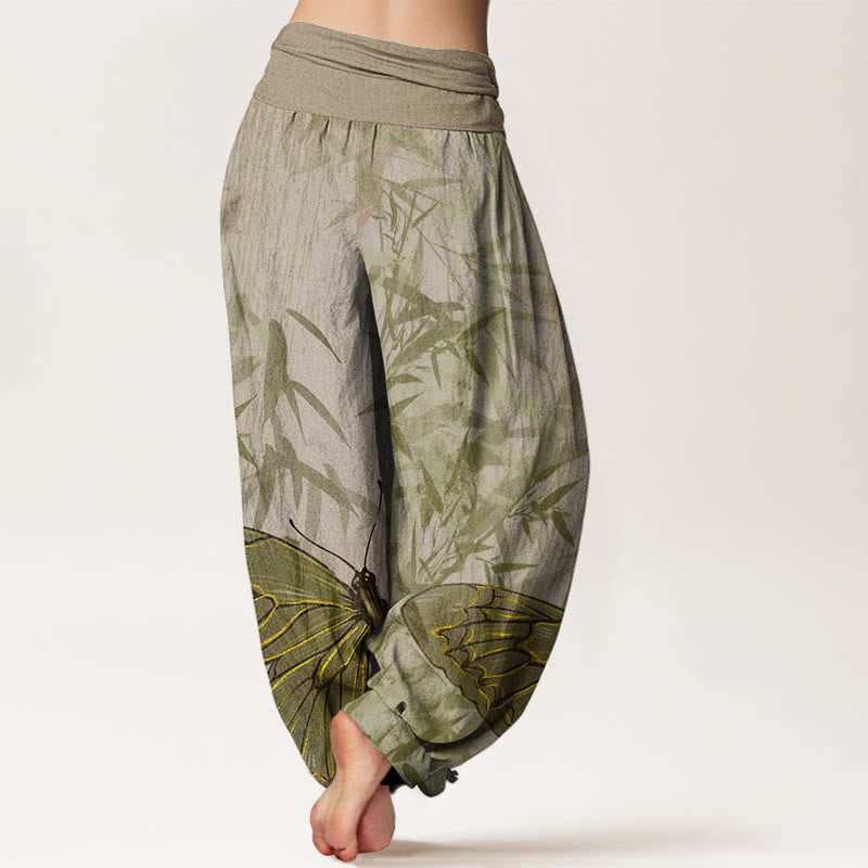 Buddha Stones Butterfly Bamboo Flower Pattern Women's Elastic Waist Harem Pants - image 6
