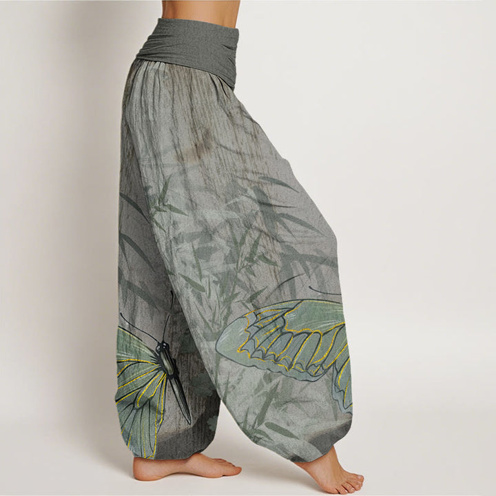 Buddha Stones Butterfly Bamboo Flower Pattern Women's Elastic Waist Harem Pants - image 10