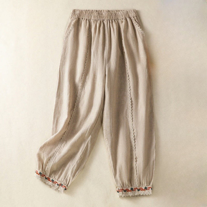 Buddha Stones Casual Plain Lace Side Design 7-8 Length Cotton Linen Women's Harem Pants With Pockets - PaleGoldenrod - US8-10，UK/AU12-14，EU40-42 (2XL) - image 0