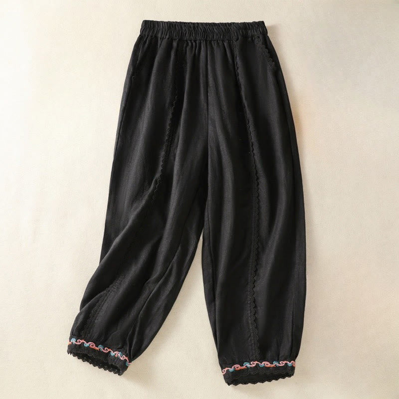 Buddha Stones Casual Plain Lace Side Design 7-8 Length Cotton Linen Women's Harem Pants With Pockets - Black - US8-10，UK/AU12-14，EU40-42 (2XL) - image 24