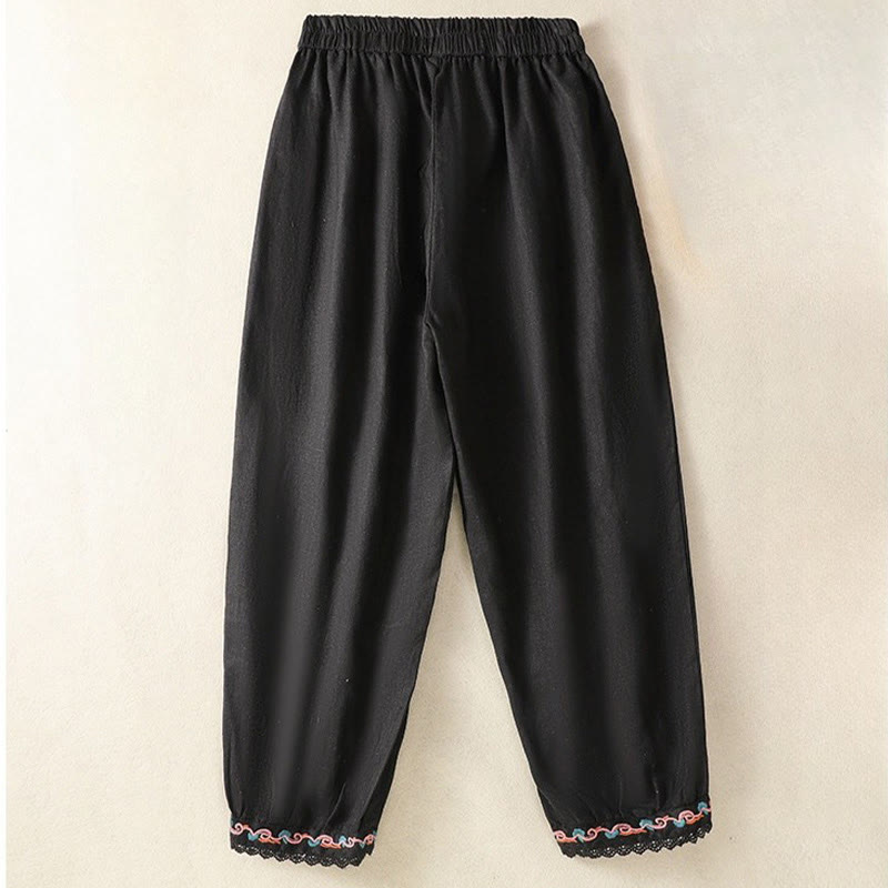 Buddha Stones Casual Plain Lace Side Design 7-8 Length Cotton Linen Women's Harem Pants With Pockets - image 25