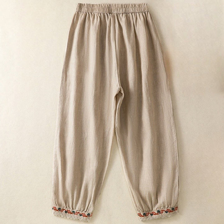 Buddha Stones Casual Plain Lace Side Design 7-8 Length Cotton Linen Women's Harem Pants With Pockets - image 1