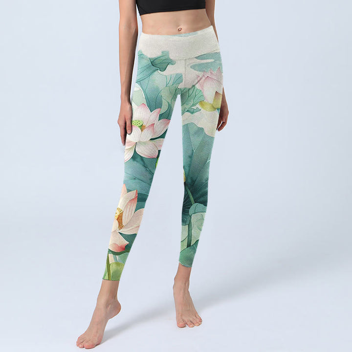 Buddha Stones Lotus Flowers Leaves Lotus Pods Pattern Print Gym Leggings Women's Yoga Pants - image 5