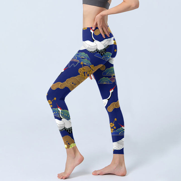 Buddha Stones Flying Red-Crowned Crane Pine Tree Flower Pattern Print Gym Leggings Women's Yoga Pants - image 2