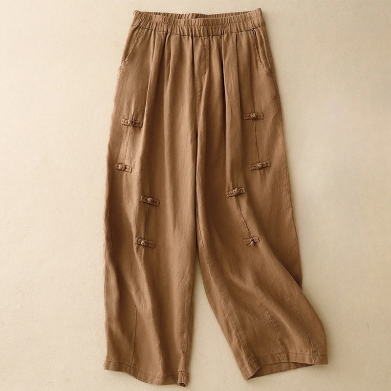 Buddha Stones Casual Plain Frog-Button Design 7-8 Length Cotton Linen Women's Harem Pants With Pockets - Peru - US8-10，UK/AU12-14，EU40-42 (2XL) - image 0